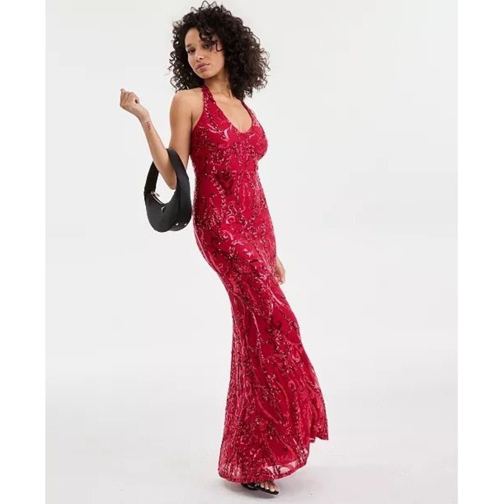 B. Darlin Red Sequin Halter Neck Formal Gown Damask Mermaid Maxi Dress Prom Gala - Picture 3 of 13